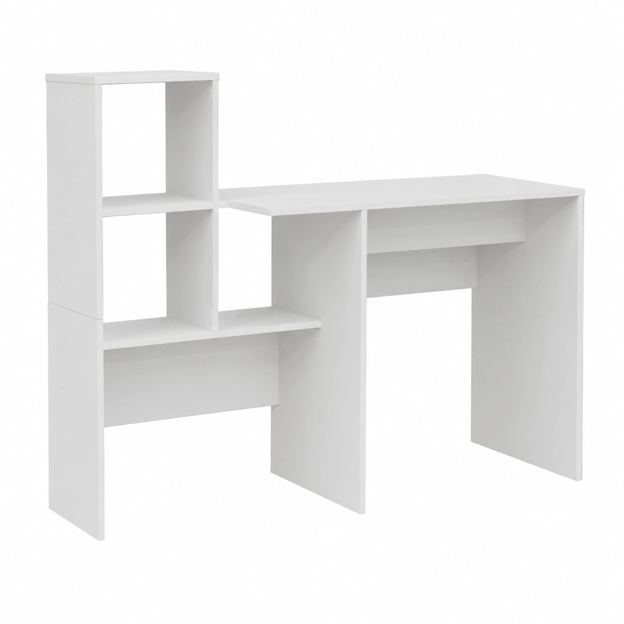 Scrivania moderna con libreria incorporata e ripiano flessibile, bianca, dimensioni 131,5 cm