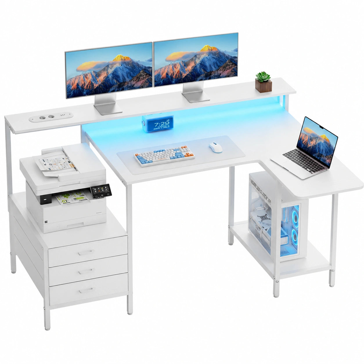 SOLAVERO Scrivania Angolare 140cm con Piano Pieghevole e USB-C, Tavolo Gaming con Prese e Cassetti in Tessuto, Bianco