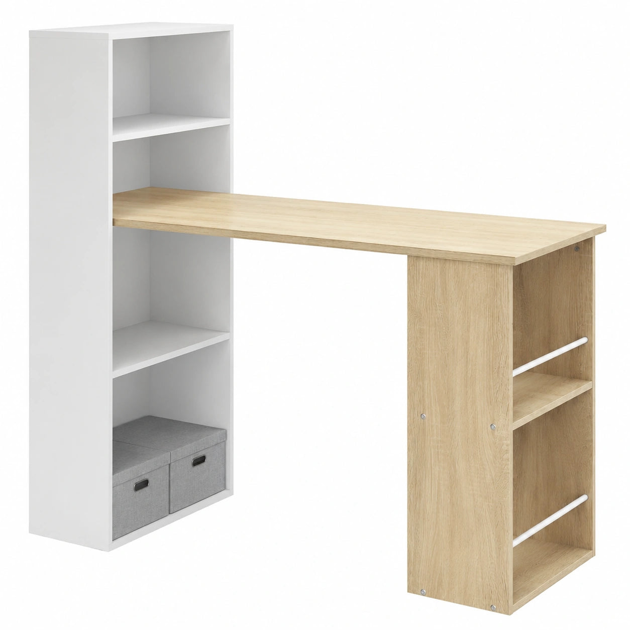 eSituro Scrivania Ufficio con Scaffale Integrato, 120x55x122 cm - Tavolo Lavoro in Legno Salvaspazio, Bianco Lucido e Rovere Naturale