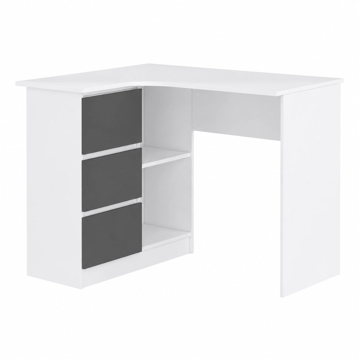 Scrivania ad Angolo B-16 con Cassetti, Ripiani e Montaggio Facile - Bianco e Grigio Grafite 124x77x85 cm