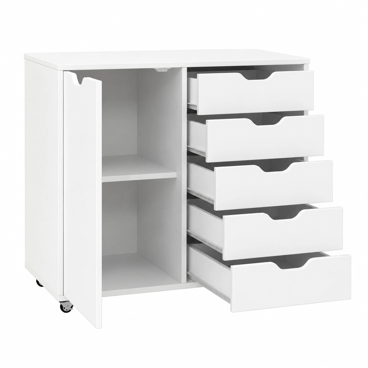 Cassettiera Ufficio con 5 Cassetti e Ruote, Mobile Portadocumenti in Legno con Ripiani Regolabili, Porta Stampante Multifunzionale, 79x39x65 cm, Bianco