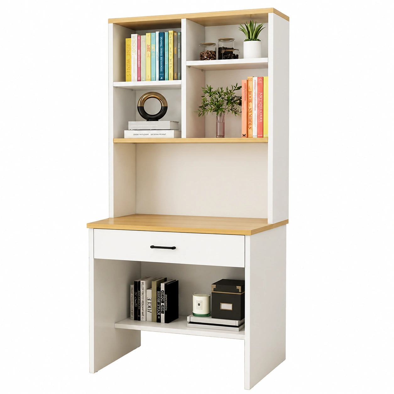 Tavolo da Studio in Legno Massello con Libreria Integrata, Ideale per Camera da Letto e Studio, Noce Chiaro, 60x50x182,5 cm