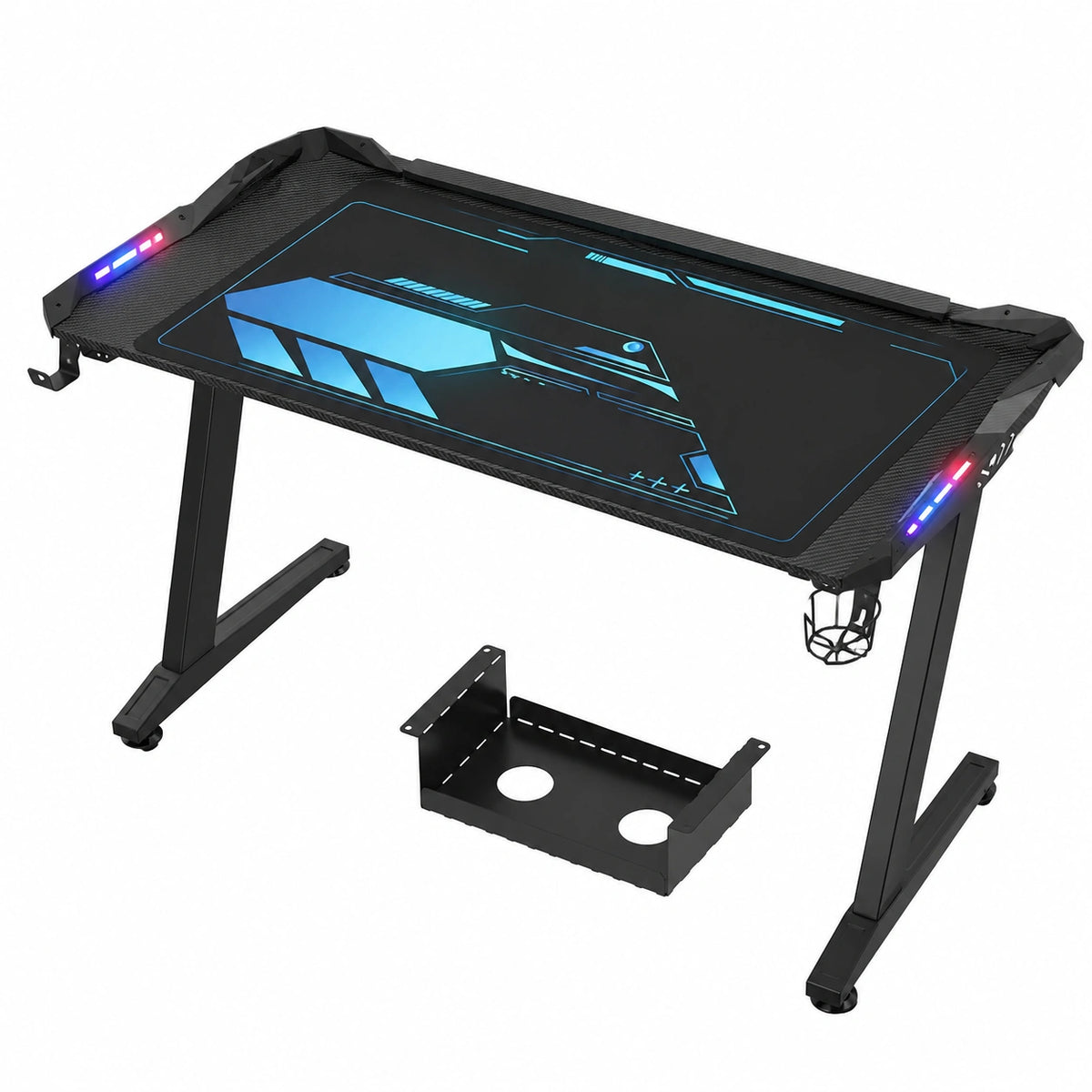 Scrivania Gaming LED 160x70 CM Ergonomica con Fibra di Carbonio, Porta Bicchiere e Ganci per Cuffie