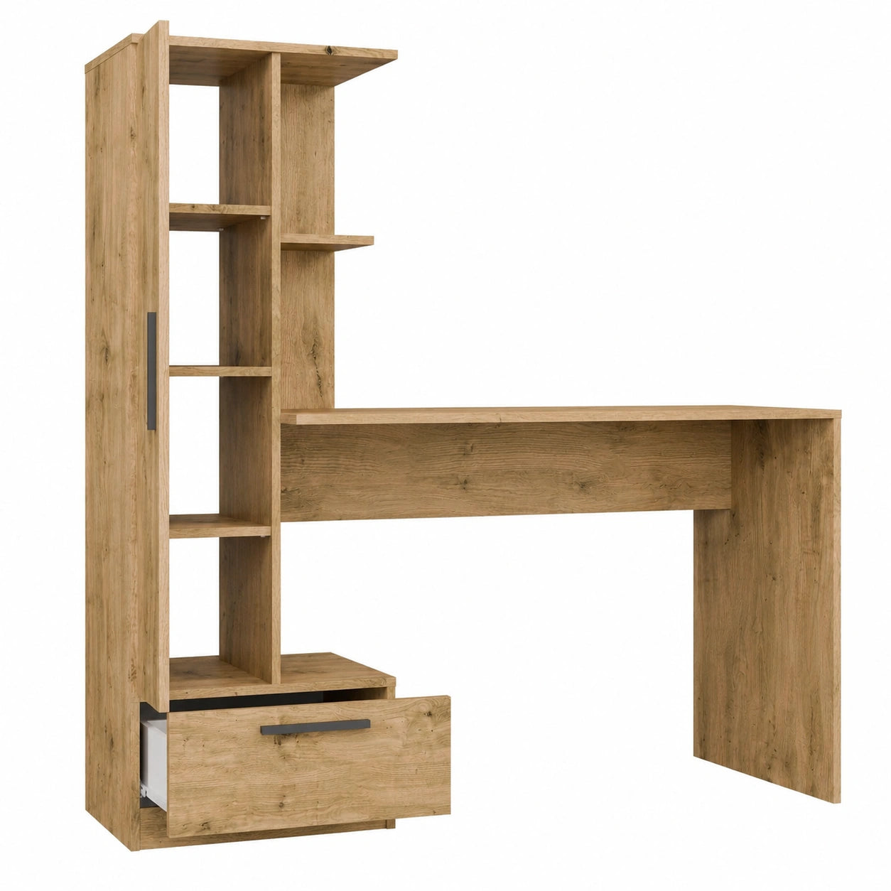 Scrivania Moderna con Libreria e Armadietto, Postazione PC Compatta con Cassetto e Ripiani, Design Salvaspazio in Rovere, 143x140x50 cm