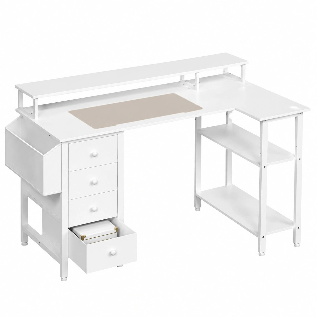 Scrivania Angolare Reversibile con Cassetti e Scaffali, 120x68cm Tavolo Bianco per Ufficio e Casa
